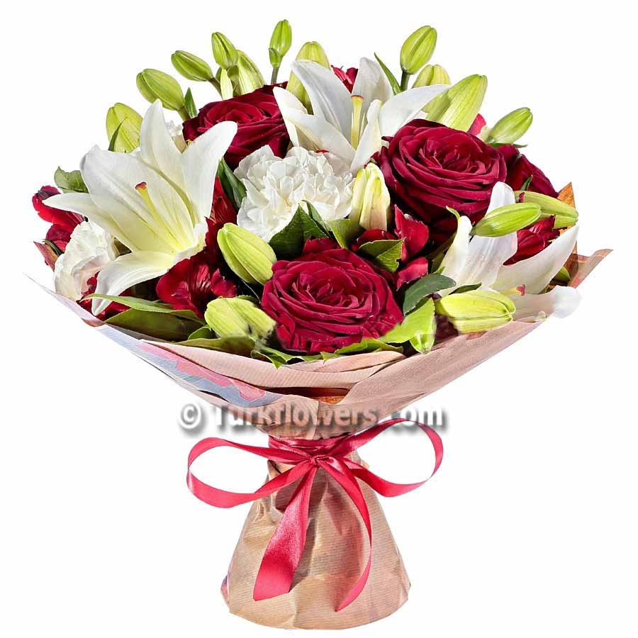 Ramo de lirios y rosas rojas - Product image